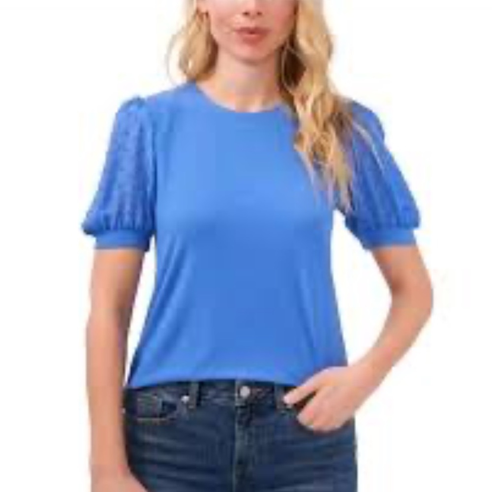 CeCe Blue Swiss Dot Sheer Puff Sleeve Top Blouse Large